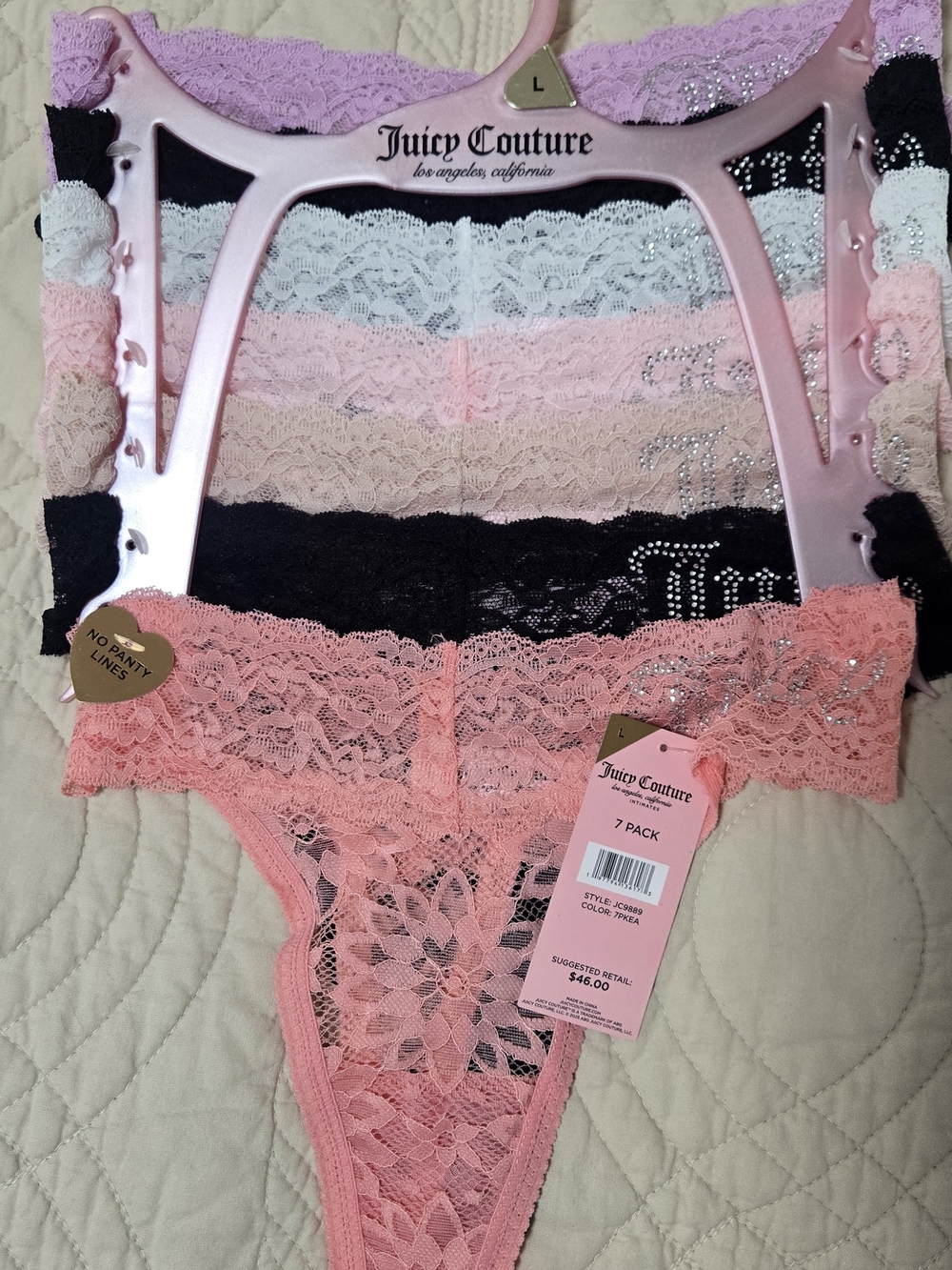 Juicy Couture Lace Thong 7-Pack in Coral, Black, Pink & Neutrals
